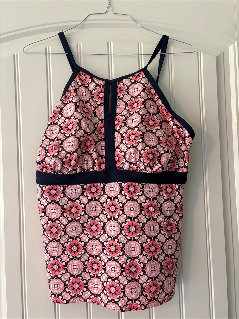 Lands' End Pink Floral High Neck Tankini Top with Navy Trim